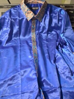 Men's Barry Wang Silk Blue Shirt With Gold Contrase New With Tags Xl